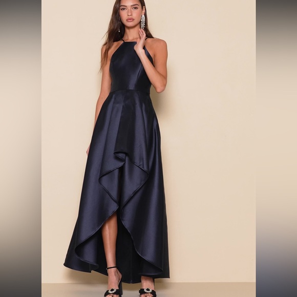 Lulus NavyBlue Broadway Show High-Low MidWeight Taffeta Construction Gown NWOT M - Picture 2 of 16
